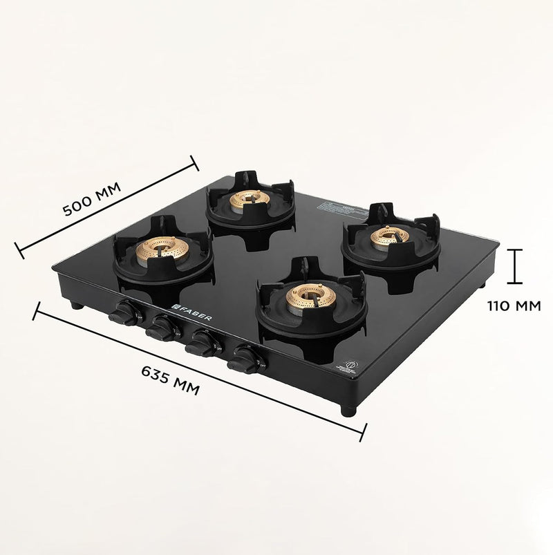 Faber 4 Burner Auto-Ignition Cooktop| ONYX AI 4BB BK |Black ABS Knobs| Brass Burners| Cast Iron Pan Support| Black Glass
