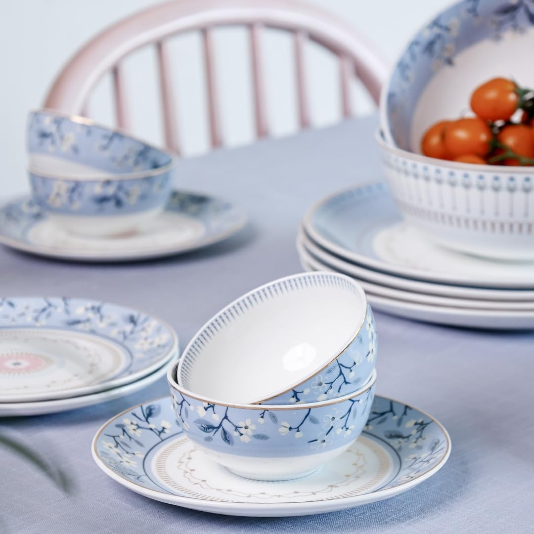 Magique by The Wishing Chair x ClayCraft : River of Flowers 20-Piece Ceramic Dinner Set with Gold | Floral Plates & Bowls | Elegant Glossy Finish | Perfect for Family Dinners | Festive Gifting