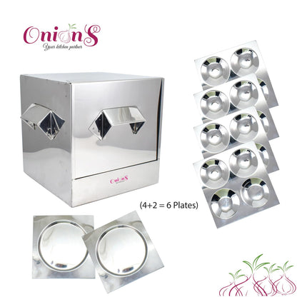 Onions Stainless Steel Cauka/Square/Cubic Idly cooker 4 + 2 plates with16 Regular idly Extra 2 Tatte Idly/Dhokla plates - Gas stove and Induction Stove Compactible –FOR HOME USE ONLY