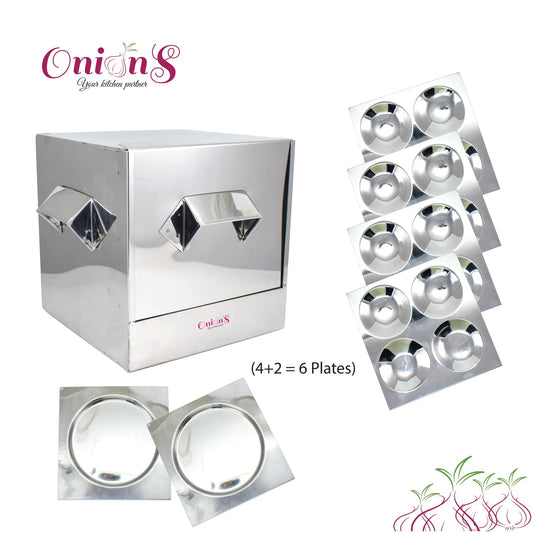 Onions Stainless Steel Cauka/Square/Cubic Idly cooker 4 + 2 plates with16 Regular idly Extra 2 Tatte Idly/Dhokla plates - Gas stove and Induction Stove Compactible –FOR HOME USE ONLY