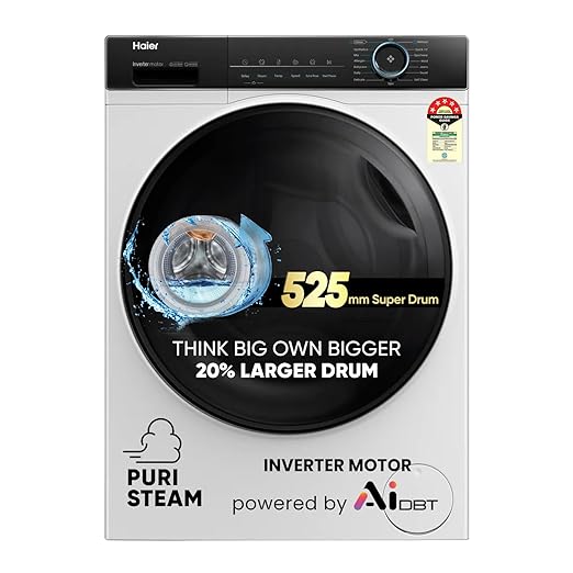 Haier 8 kg 5 Star Powered by AI-DBT with PuriSteam, 525mm Super Drum Fully Automatic Front Load Washing Machine (HW80-IM12929C, Inverter Motor with In-Built Heater, White)