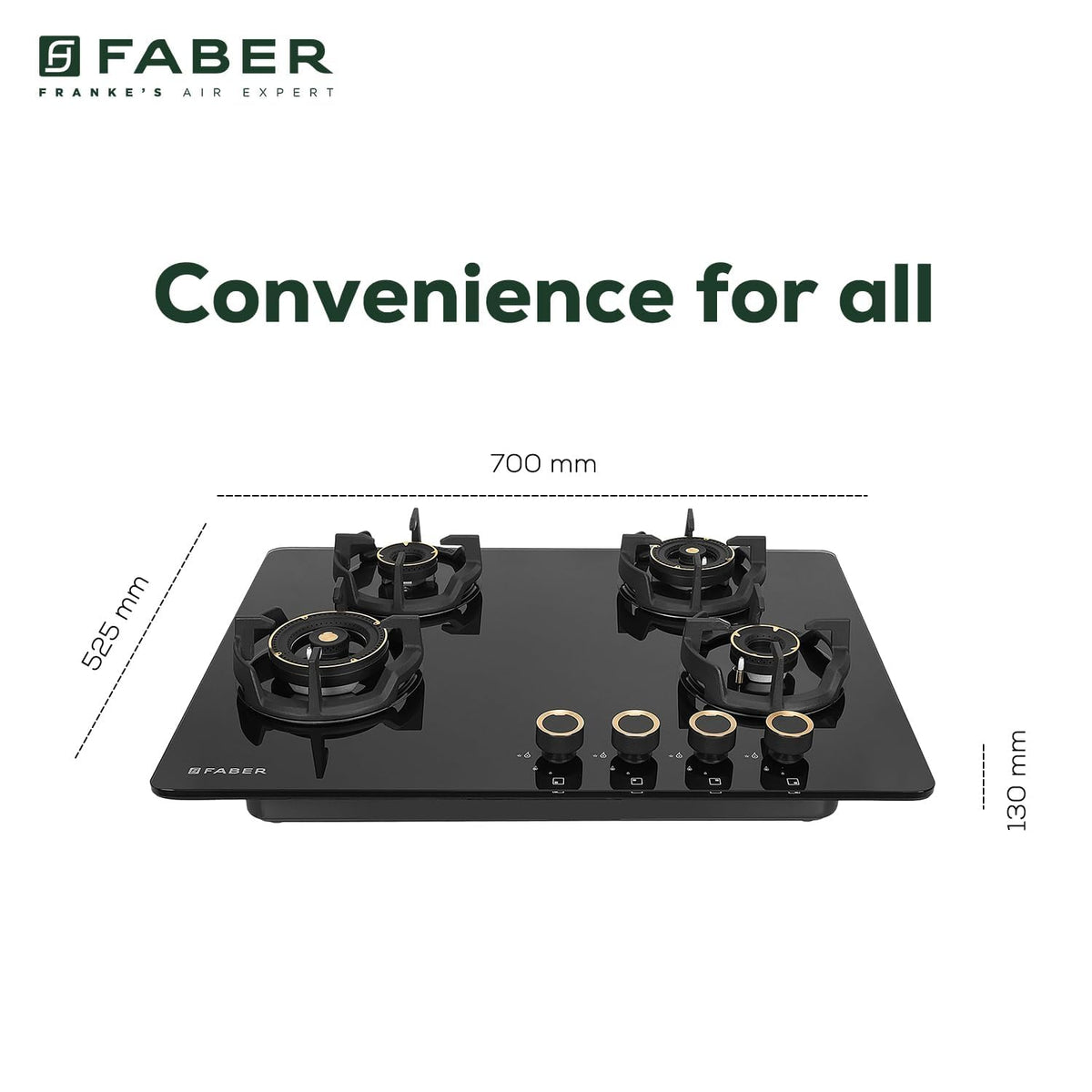 Faber 70Cm 4 Burner Hybrid Hob/Cooktop|Auto Ignition|Brass Burner|Cast Iron Pan Support|Glass Matt Finish|Metal Knob|1 Y
