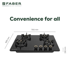 Faber 70Cm 4 Burner Hybrid Hob/Cooktop|Auto Ignition|Brass Burner|Cast Iron Pan Support|Glass Matt Finish|Metal Knob|1 Y