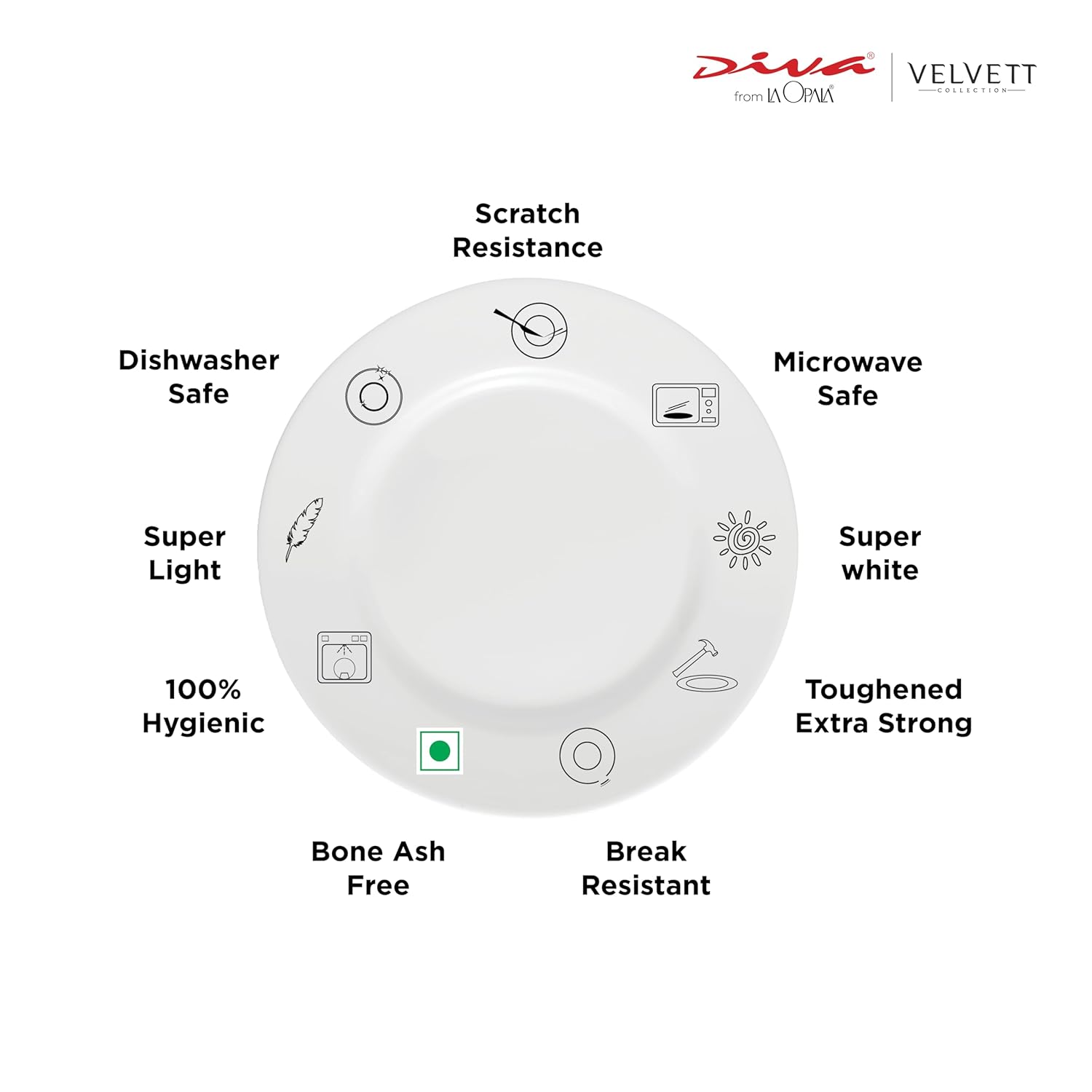 La Opala Diva Velvett Collection Opal Glass Crockery | for Family of 8 | Dinner Set 62 pcs Stella Grey | Plates & Bowls for Dining | Microwave Safe | 100% Vegetarian | Extra Strong | Light & White