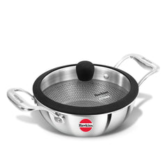 Hawkins Pro 1.5 Litre Shielded Nonstick Triply Deep-Fry Pan, Kadhai with Stainless Steel Handles and Glass Lid, Silver (PSNK15G), 18 cm