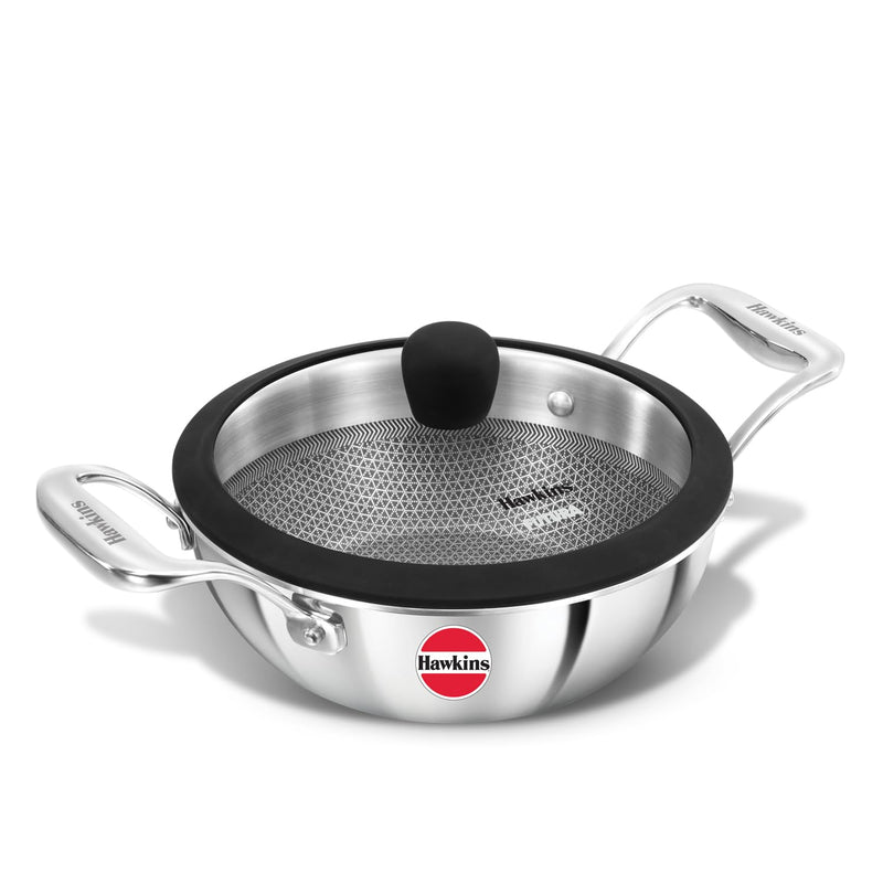 Hawkins Pro 1.5 Litre Shielded Nonstick Triply Deep-Fry Pan, Kadhai with Stainless Steel Handles and Glass Lid, Silver (PSNK15G), 18 cm