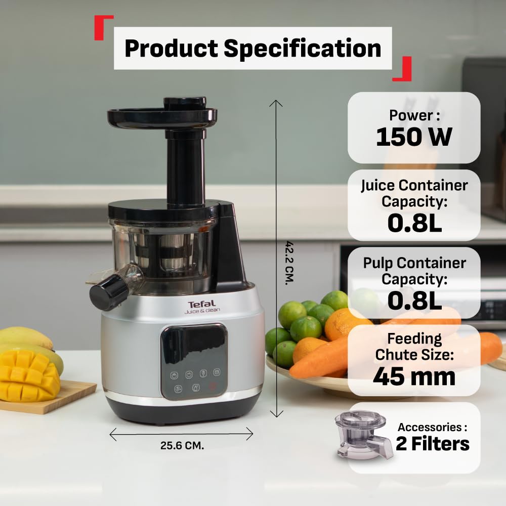Tefal Juice & Clean slow juicer, Fruit and Vegetable Juice Extractor, Vitamin Juice, Cold Press, 150 W, 42 to 70 RPM, Fresh Fruit Juice, Jam, Sorbet, Automatic Cleaning 2 years warranty