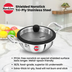 Hawkins Pro 1.5 Litre Shielded Nonstick Triply Deep-Fry Pan, Kadhai with Stainless Steel Handles and Glass Lid, Silver (PSNK15G), 18 cm