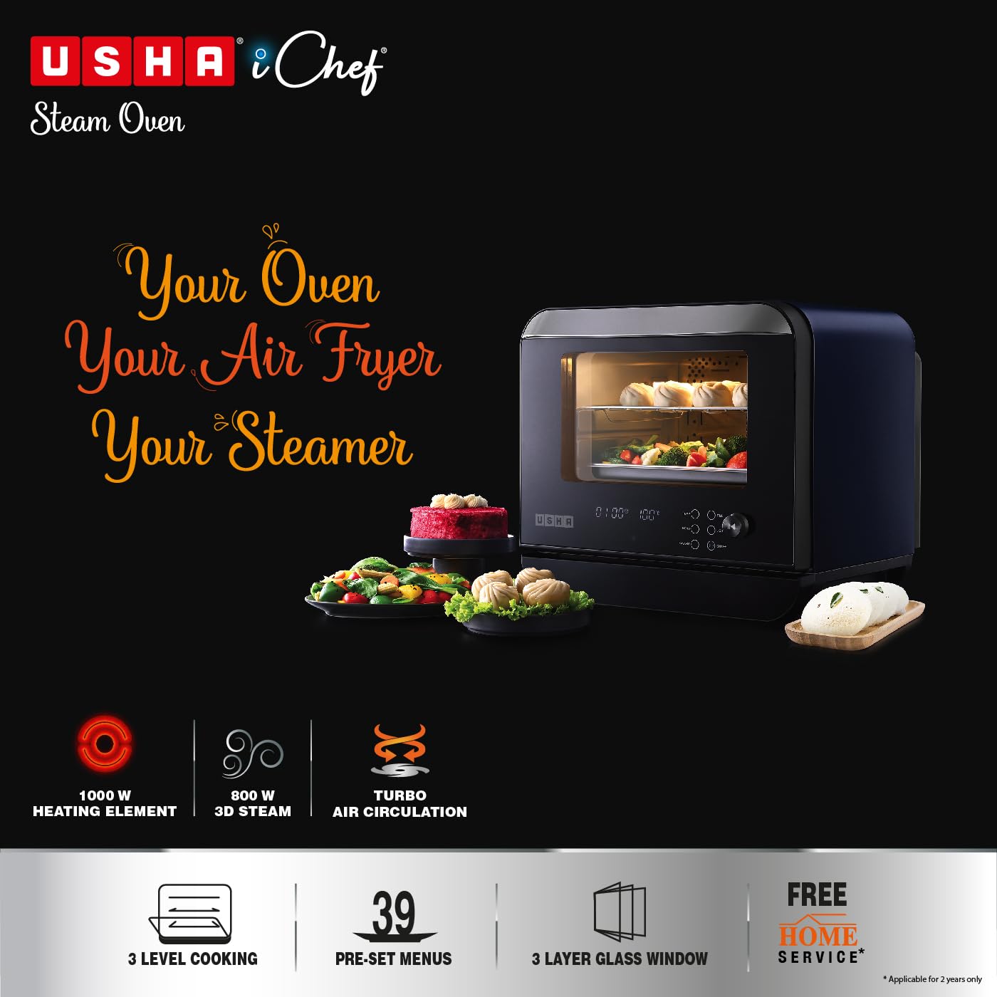Usha iChef Steam Oven | Air Fryer | Steamer | 39 Pre-set Menus | 11 in-1 Functions | 3 Level cooking | Turbo Air Circulation|1000 W Heating element and 800 W 3D Steam & 18L(Blue)|100% Copper Motor|