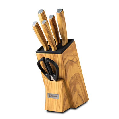 BERGNER Olive Garden Stainless Steel 7 Pcs Knife Set, Kitchen Knife Set of Chef Knife, Santoku Knife, Carving Knife, Utility Knife, Paring Knife, Scissor with Wooden Block, Durable, Soft Touch Handle