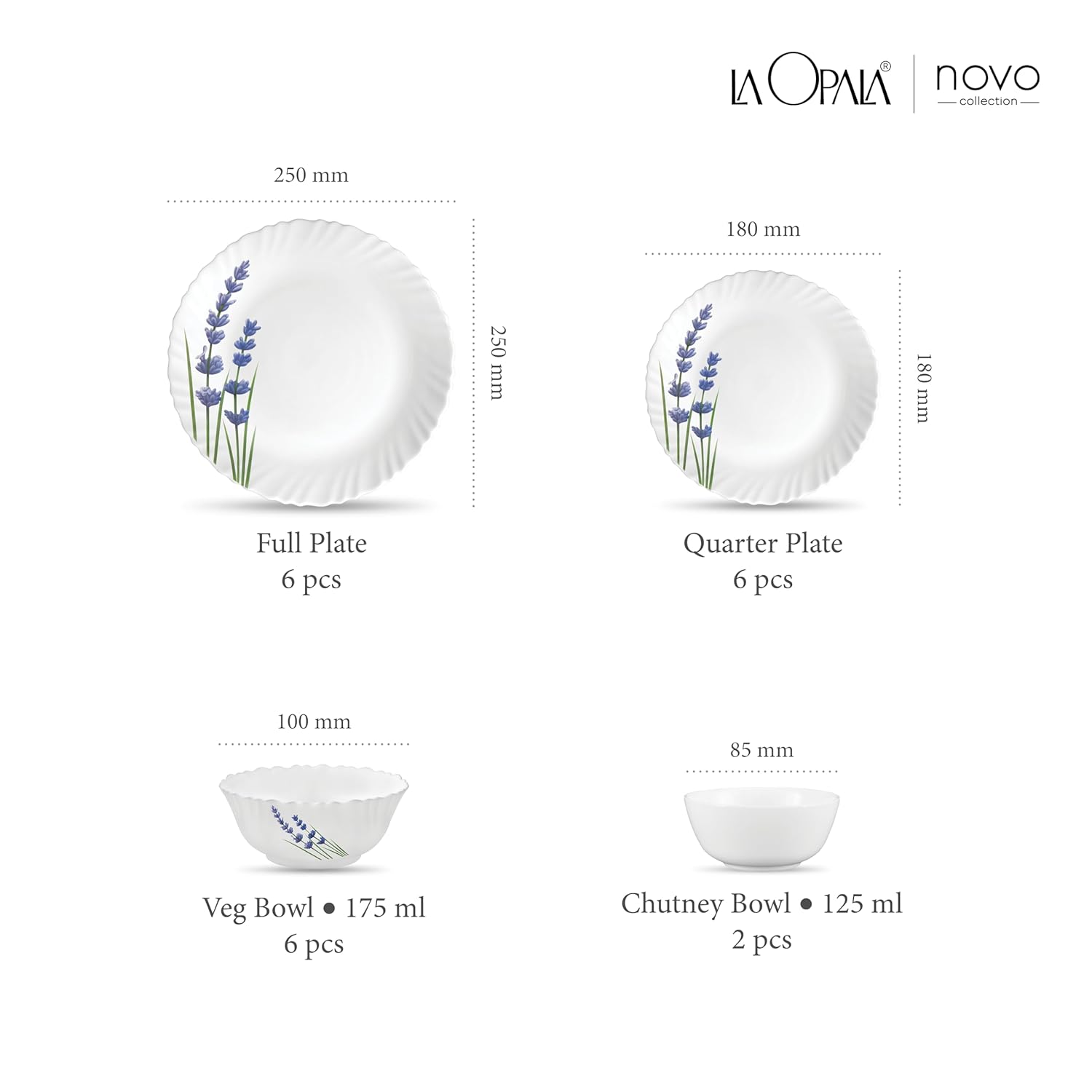 La Opala Novo Collection Opal Glass Crockery | for Family of 6 | Dinner Set 20 pcs English Lavender | Plates & Bowls for Dining | Microwave Safe | 100% Vegetarian | Extra Strong | Light & White