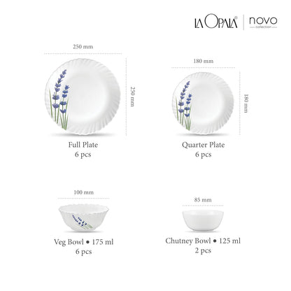 La Opala Novo Collection Opal Glass Crockery | for Family of 6 | Dinner Set 20 pcs English Lavender | Plates & Bowls for Dining | Microwave Safe | 100% Vegetarian | Extra Strong | Light & White