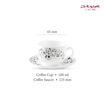 La Opala Diva, Opal Glass Crockery | Coffee Cup & Saucer Iris, Set of 12 | Mystrio Black, 100 ml | for Tea & Coffee | Microwave Safe | 100% Vegetarian | Extra Strong | Super Light | Super White