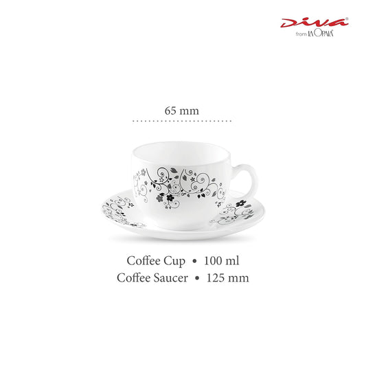 La Opala Diva, Opal Glass Crockery | Coffee Cup & Saucer Iris, Set of 12 | Mystrio Black, 100 ml | for Tea & Coffee | Microwave Safe | 100% Vegetarian | Extra Strong | Super Light | Super White