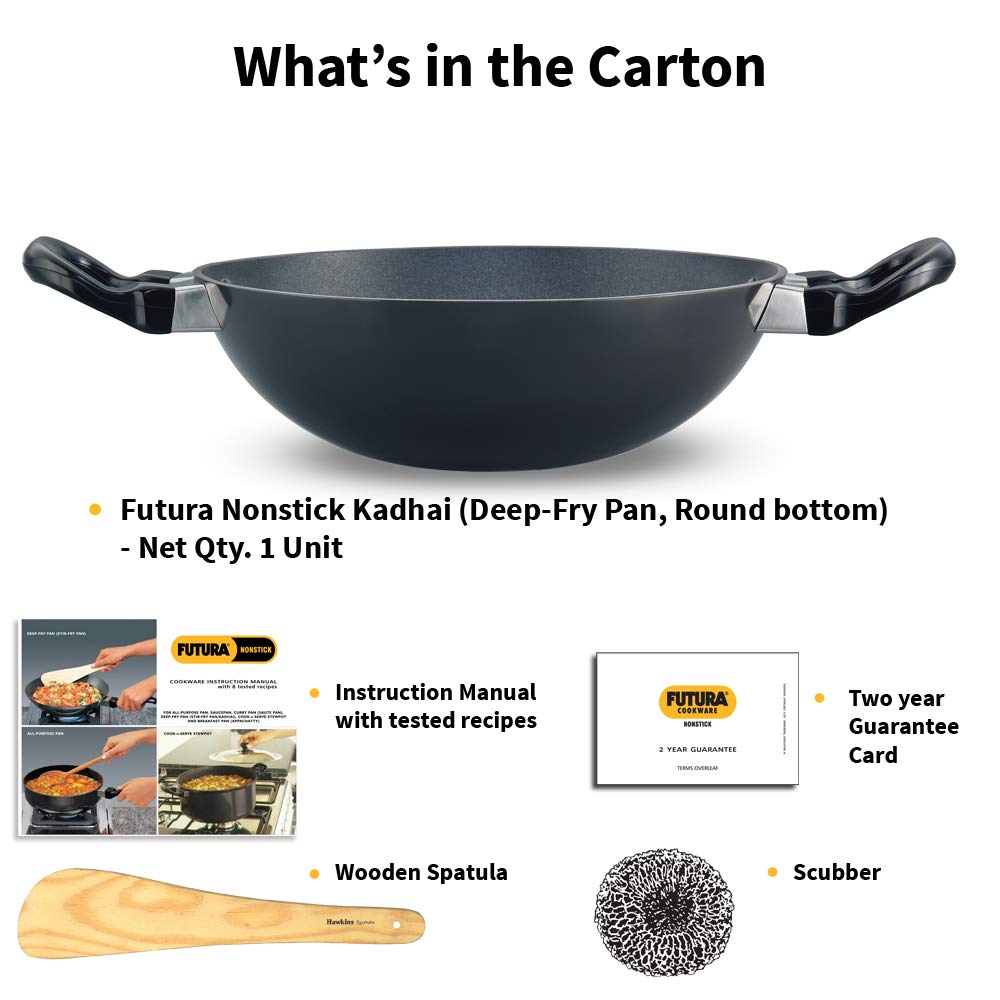 Hawkins Futura 1.5 Litre Deep Fry Pan, Non Stick Kadai, Round Bottom Kadhai, Small Non Stick Kadai, Black (NK15)