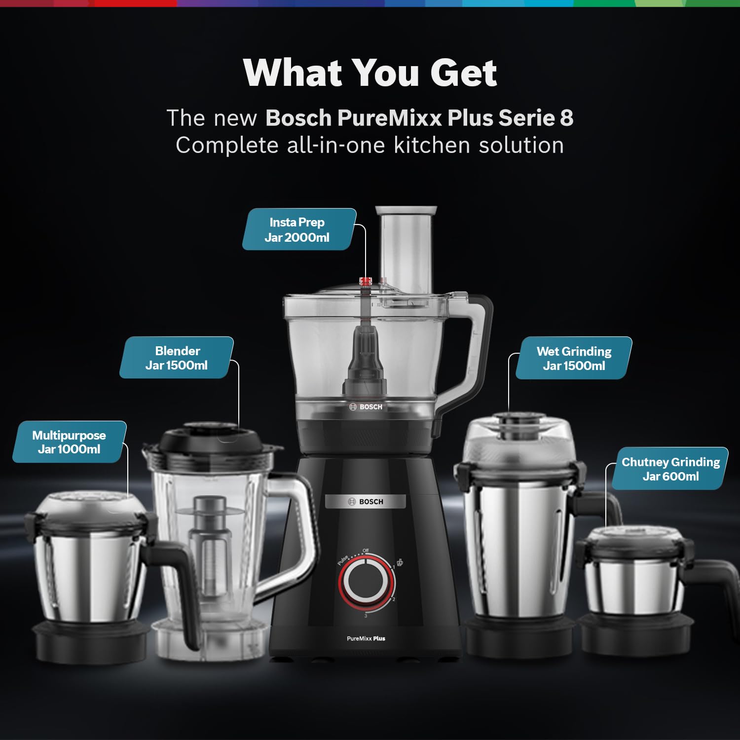 Bosch PureMixx Plus 800W Powerful Mixer Grinder with Food Processor | 5 Jars | 40+ Functions | Atta Kneading, Chopping, Wet & Dry Grinding | Hands Free Operation | 7 Year Motor Warranty 【MP8515A1KI】