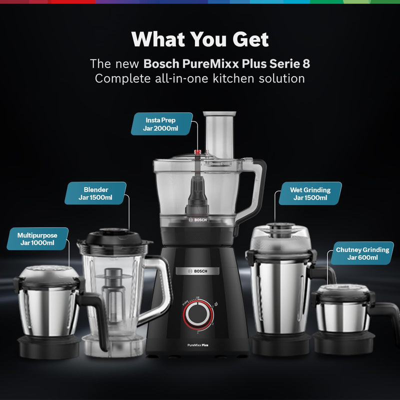 Bosch PureMixx Plus 800W Powerful Mixer Grinder with Food Processor | 5 Jars | 40+ Functions | Atta Kneading, Chopping, Wet & Dry Grinding | Hands Free Operation | 7 Year Motor Warranty 【MP8515A1KI】