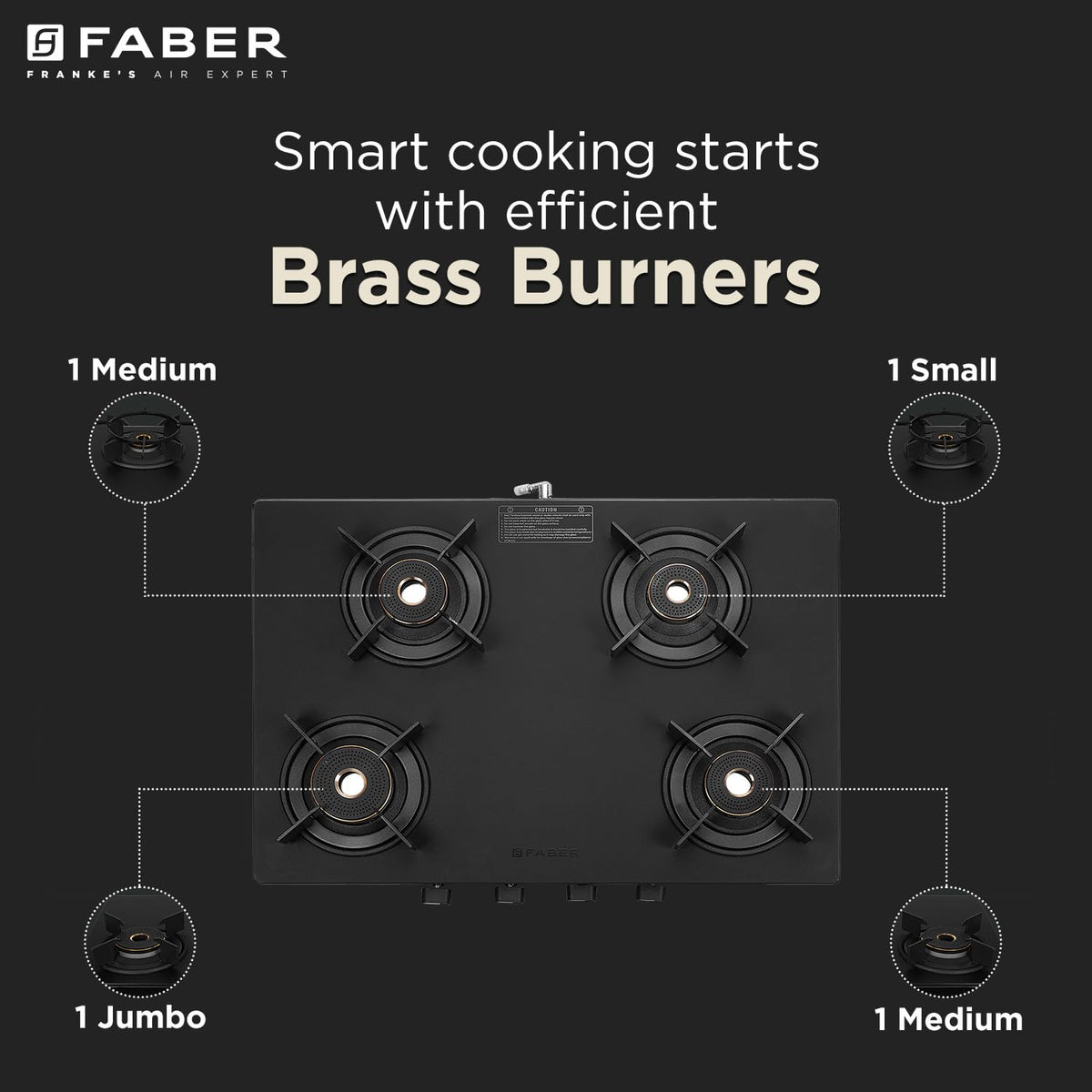 Faber Nebula Black Matt Finish Cooktop |4 Brass Burners - Jumbo, 2 Medium & Small | Manual Ignition| Heavy Pan Support w