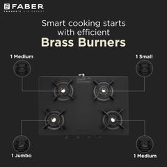 Faber Nebula Black Matt Finish Cooktop |4 Brass Burners - Jumbo, 2 Medium & Small | Manual Ignition| Heavy Pan Support w