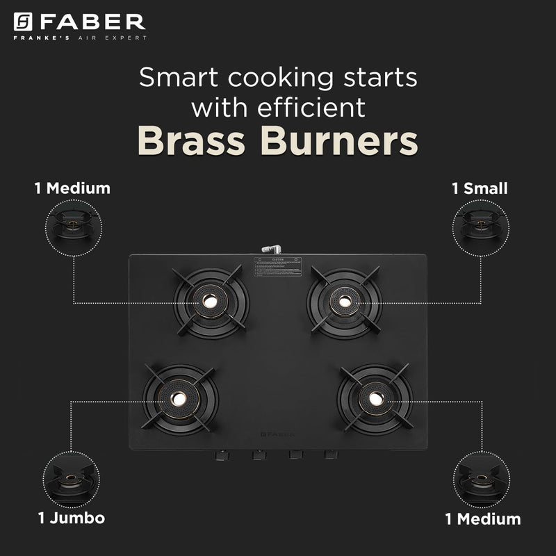 Faber Nebula Black Matt Finish Cooktop |4 Brass Burners - Jumbo, 2 Medium & Small | Manual Ignition| Heavy Pan Support w