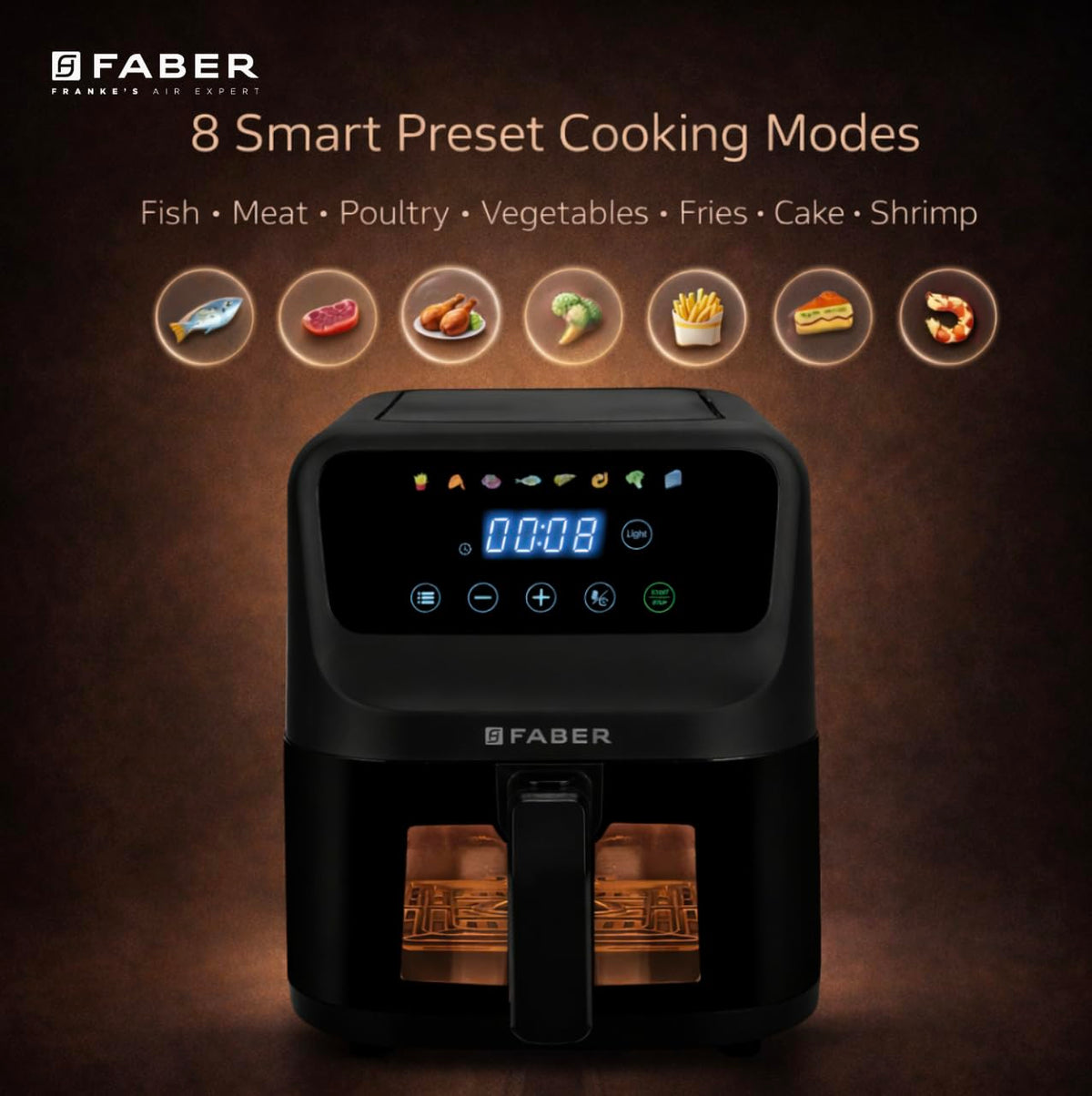 Faber 6L 1500W Digital Air Fryer | Fry, Bake, Roast | 85% Less Oil, 200°C Swirl Heating Technology |8-Preset Menu|View W