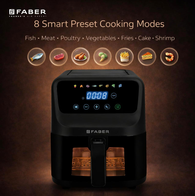 Faber 6L 1500W Digital Air Fryer | Fry, Bake, Roast | 85% Less Oil, 200°C Swirl Heating Technology |8-Preset Menu|View W