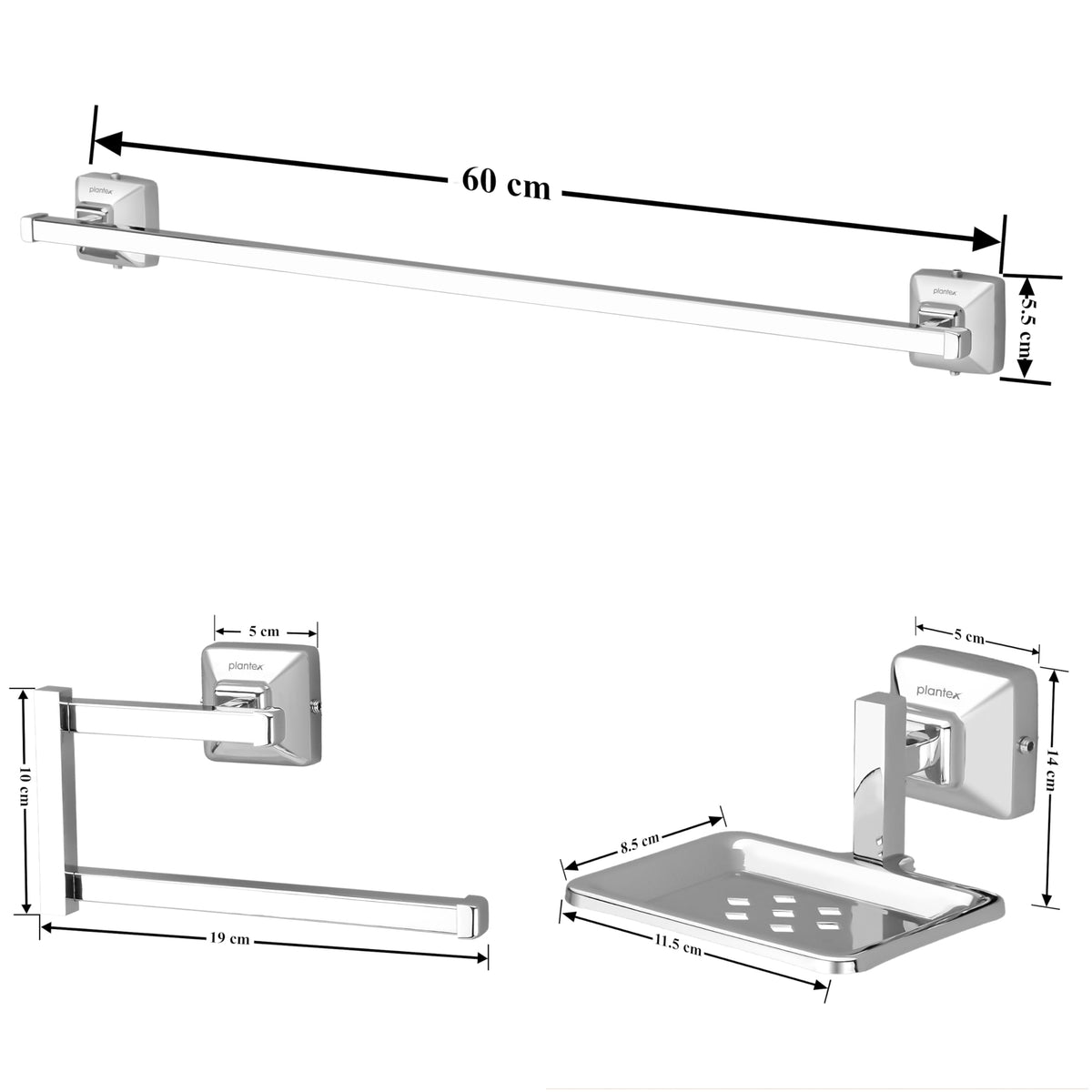 Plantex 304 Grade Stainless Steel Bathroom Accessories Set of 3 - Towel Hanger/Napking Holder/Soap Holder for Bathroom - Squaro (Chrome)-2