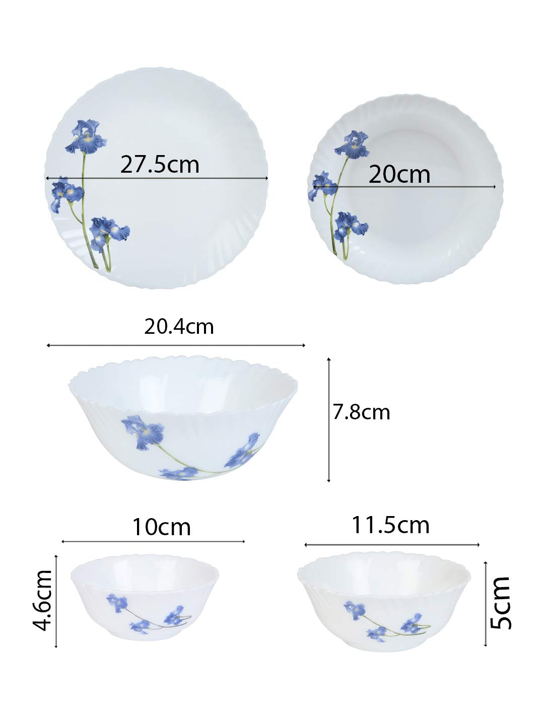 La Opala Novo Collection Opal Glass Crockery | for Family of 6 | Dinner Set 35 pcs Blue Orchids | Plates & Bowls for Dining | Microwave Safe | 100% Vegetarian | Extra Strong | Light & White