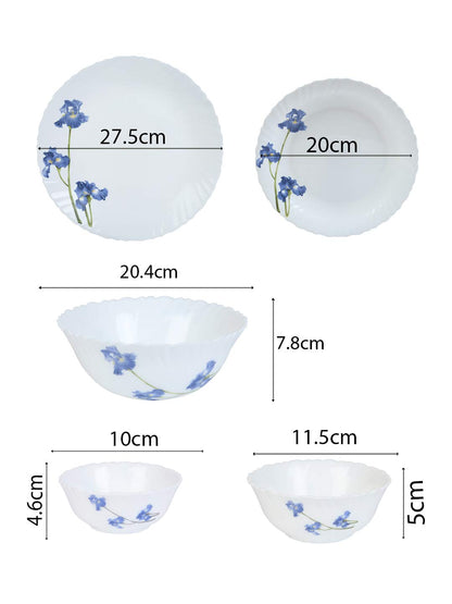 La Opala Novo Collection Opal Glass Crockery | for Family of 6 | Dinner Set 35 pcs Blue Orchids | Plates & Bowls for Dining | Microwave Safe | 100% Vegetarian | Extra Strong | Light & White