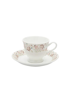 Clay Craft New Georgian Series Fine Ceramic Cup&Saucer Set of 12 (6 Cups+6 Saucers) Red&White Floral Design-Gift to Your Loved Ones On Any Occassions.,Medium (Cc-Cs12-Newgeorgian-S398) 180 Milliliter