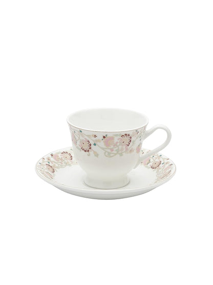 Clay Craft New Georgian Series Fine Ceramic Cup&Saucer Set of 12 (6 Cups+6 Saucers) Red&White Floral Design-Gift to Your Loved Ones On Any Occassions.,Medium (Cc-Cs12-Newgeorgian-S398) 180 Milliliter