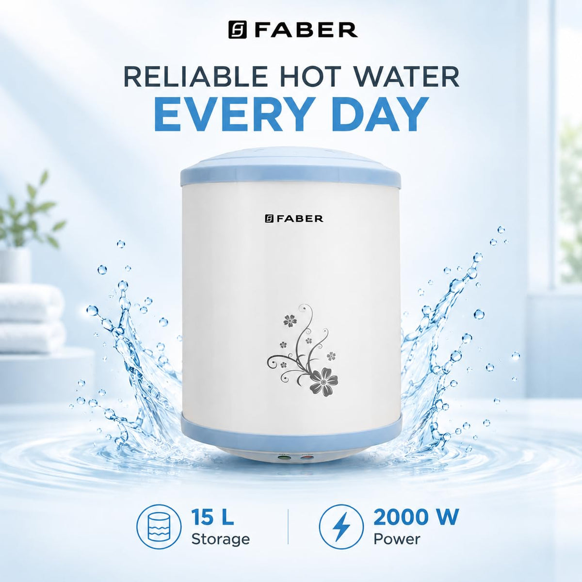 Faber Infinity Storage Geyser 15 Litre| 2000W | Free Pipe & Installation | 8 Bar Pressure| Energy Efficient | 7Yr Tank, 