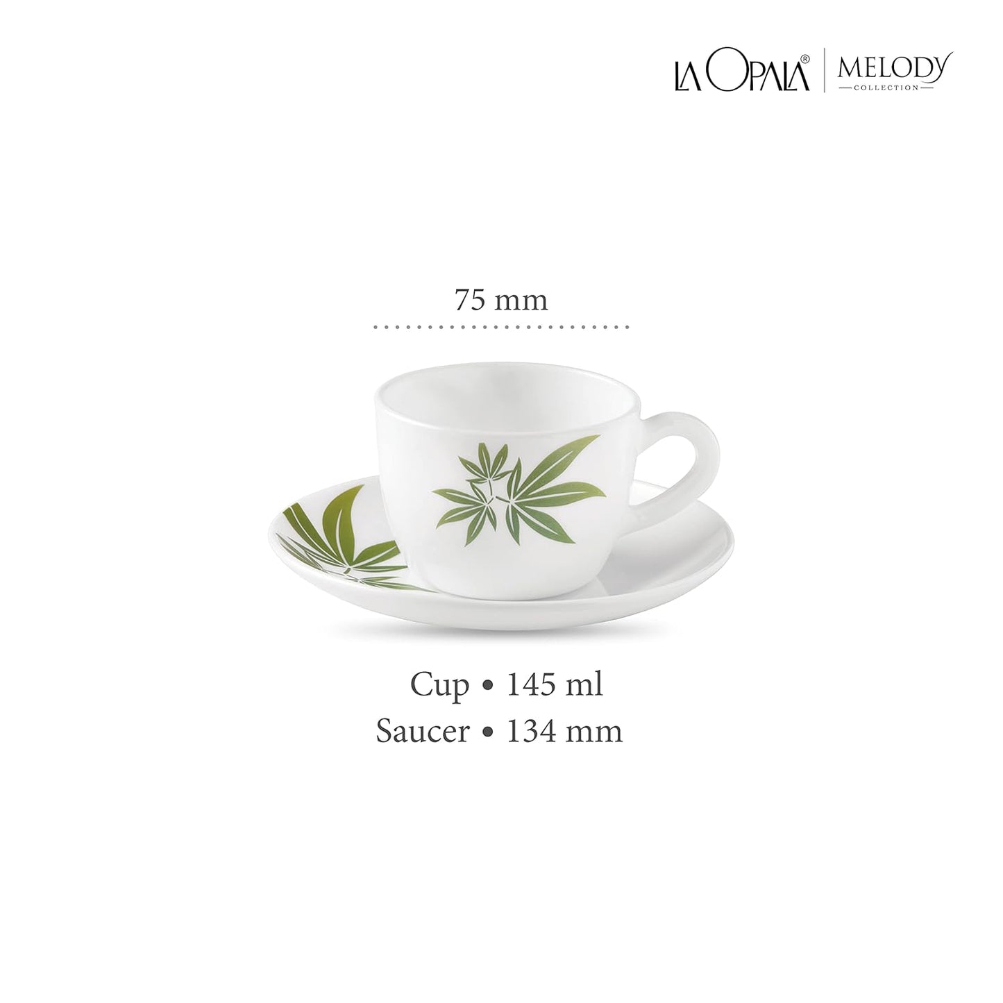 La Opala, Novo Collection Opal Glass Crockery | Cup & Saucer Lily, Set of 12 | Trinty Green, 150 ml | for Tea & Coffee | Microwave Safe | 100% Vegetarian | Extra Strong | Super Light | Super White