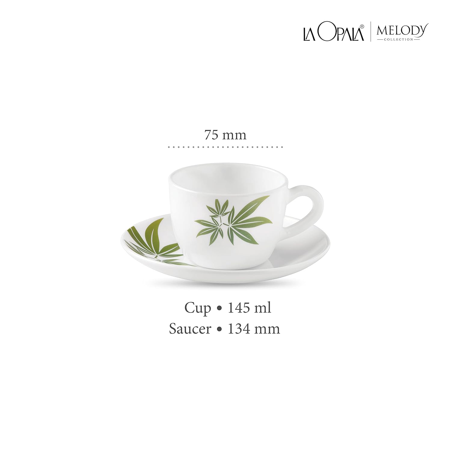 La Opala, Novo Collection Opal Glass Crockery | Cup & Saucer Lily, Set of 12 | Trinty Green, 150 ml | for Tea & Coffee | Microwave Safe | 100% Vegetarian | Extra Strong | Super Light | Super White