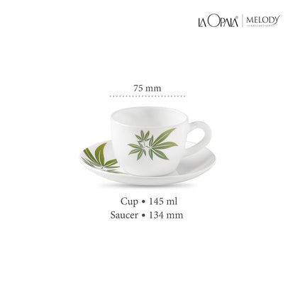 La Opala, Novo Collection Opal Glass Crockery | Cup & Saucer Lily, Set of 12 | Trinty Green, 150 ml | for Tea & Coffee | Microwave Safe | 100% Vegetarian | Extra Strong | Super Light | Super White
