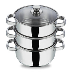 Vinod Stainless Steel 3-Tier Steamer – 20 cm | Momo & Modak Maker | Vegetable Steamer with Glass Lid & Riveted Handles | Induction & Gas Compatible, Silver