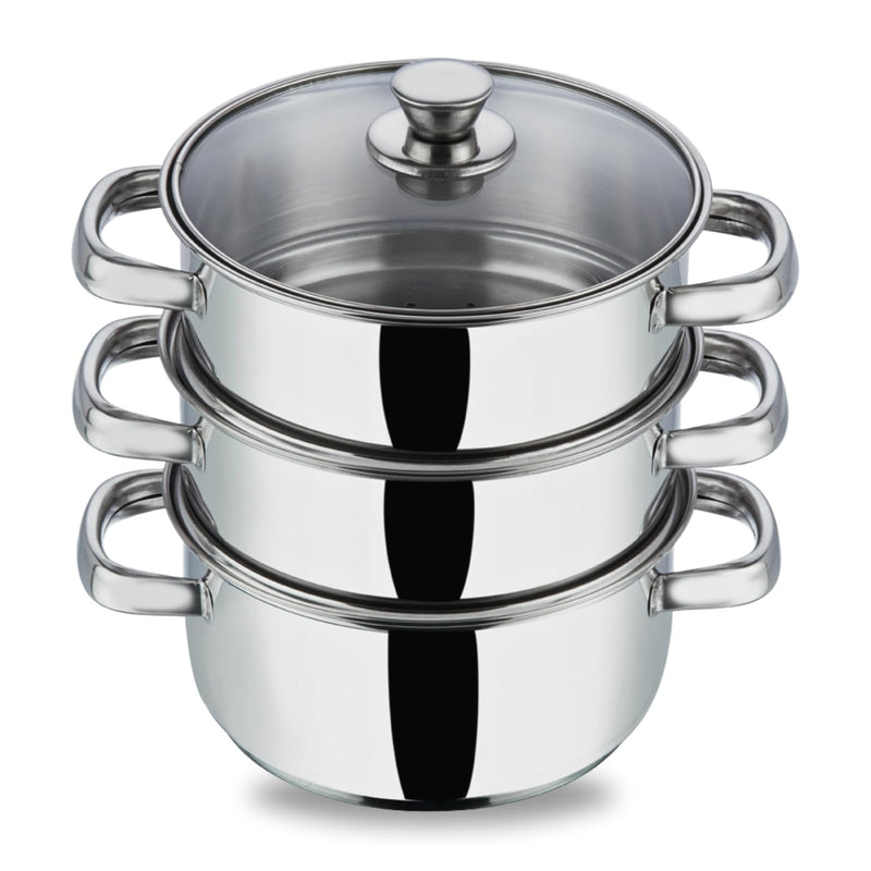 Vinod Stainless Steel 3-Tier Steamer – 20 cm | Momo & Modak Maker | Vegetable Steamer with Glass Lid & Riveted Handles | Induction & Gas Compatible, Silver