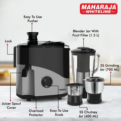 Maharaja Whiteline Odacio Plus 550-Watt Juicer Mixer Grinder With 3 Versatile Jars | Food Grade Safe | 2 year warranty (Black & Silver), 550 Watts