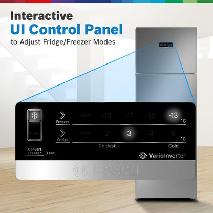 Bosch 368L, 3-Star, Inverter Frost free Double Door Refrigerator (2025 Model, CTC39K03NI, 6-in-1 Convertible, 18 Hours Cooling Retention, Digital Display, Super Freeze, 80min Convert, Smoky Steel)