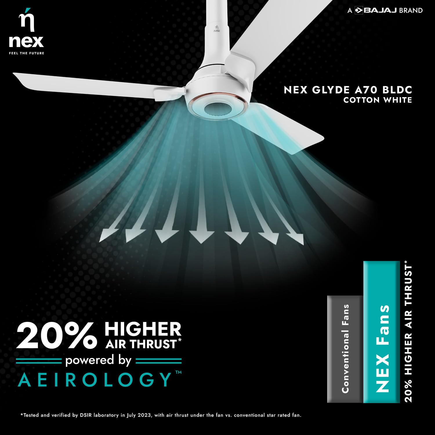 NNEX by BAJAJ Glyde A70 BLDC 1200 MM | BEE 5 Star Rated Premium Ceiling Fan with Remote | 20% Higher Air Thrust* | Airfluence™ Al Blades | 2-Yr Warranty | 5-Yr Motor Warranty 【Cotton White】