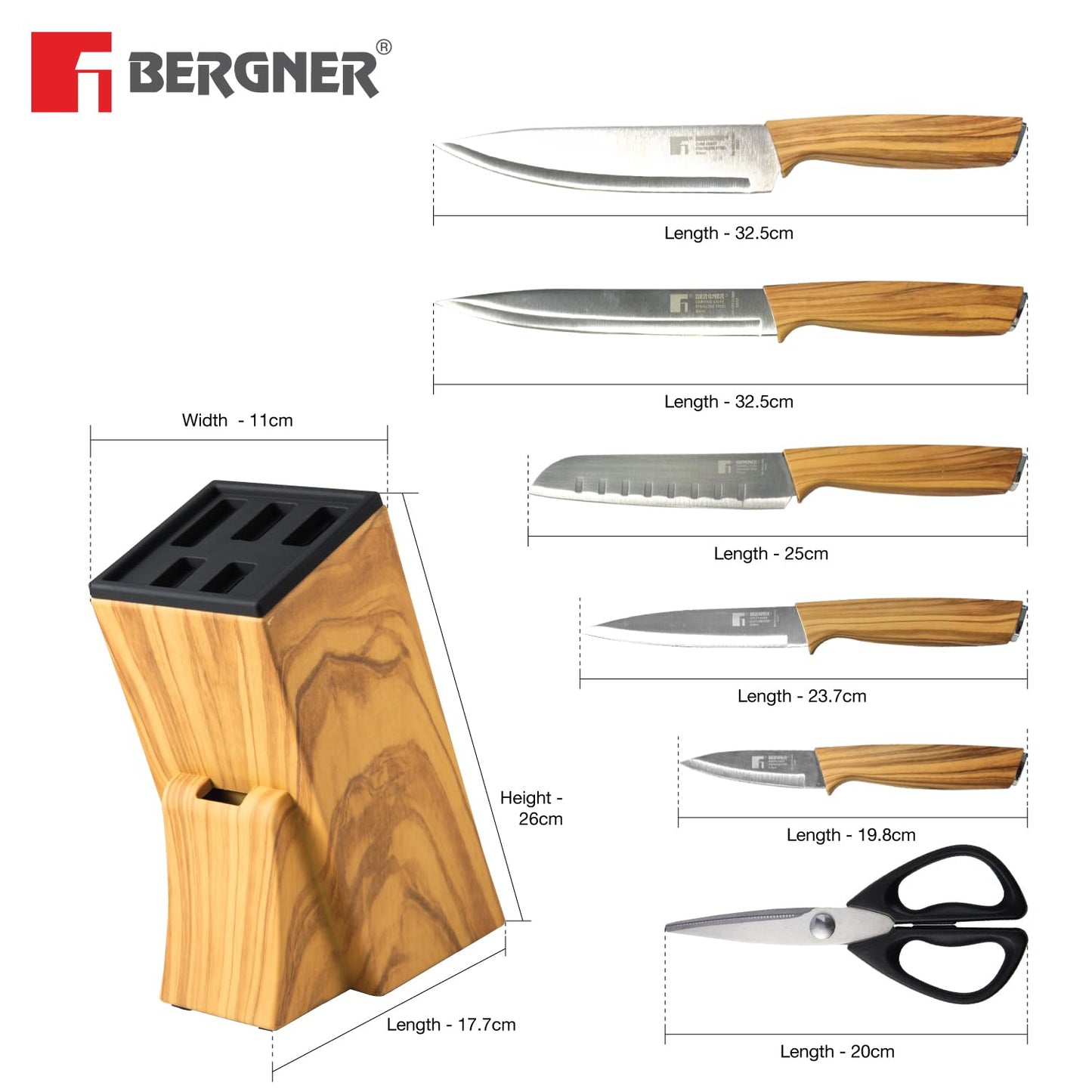 BERGNER Olive Garden Stainless Steel 7 Pcs Knife Set, Kitchen Knife Set of Chef Knife, Santoku Knife, Carving Knife, Utility Knife, Paring Knife, Scissor with Wooden Block, Durable, Soft Touch Handle