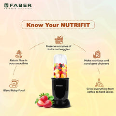 Faber 550W Sportz Blender FSB 3-in-1 Nutrifit Nero|Mixer Grinder Blender|100% Copper Motor|Detachable SS Blade|3 PC Jar 
