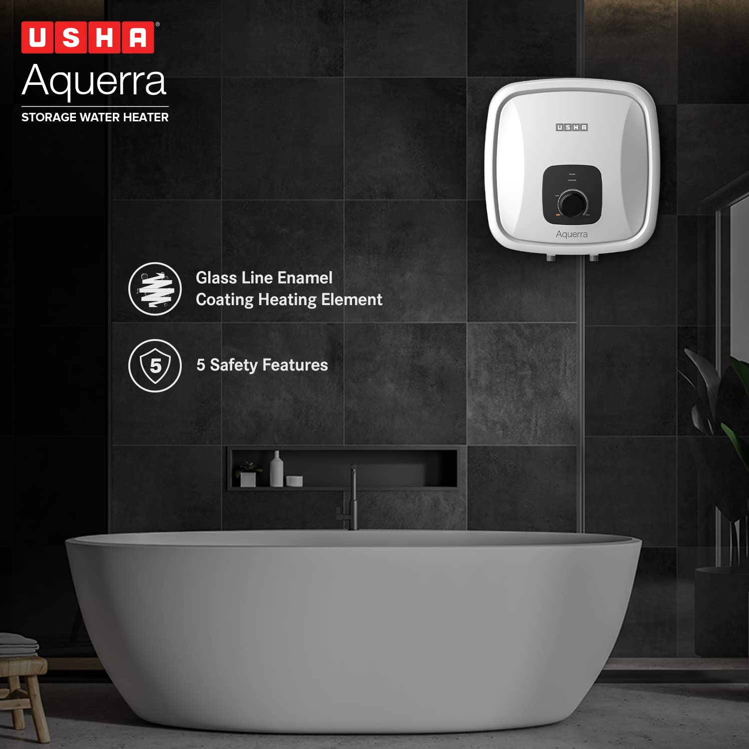 Usha Aquerra 25 Litre 5 Star Storage Water Heater (White), Wall Mounting