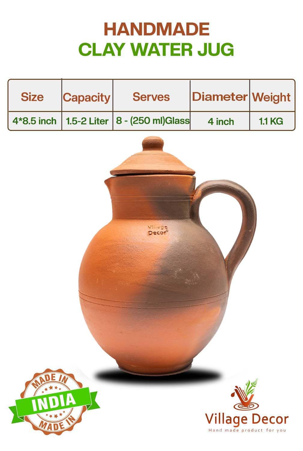 Village Decor Handmade Terracotta Preseasoned Clay Classic Water jug 1.5-2 Liter (Clay jug with lid)