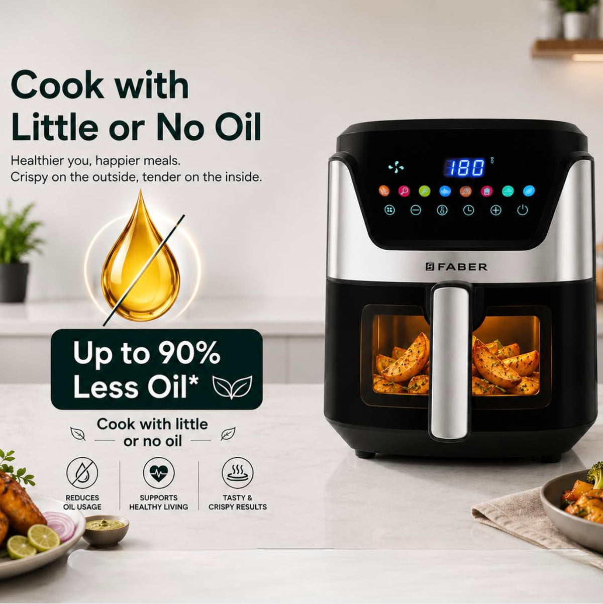 Faber 6L 1500W Digital Air Fryer | Fry, Bake, Roast, Toast, Defrost, Grill & Reheat | 85% Less Oil, 360° Air Cooking|8-P