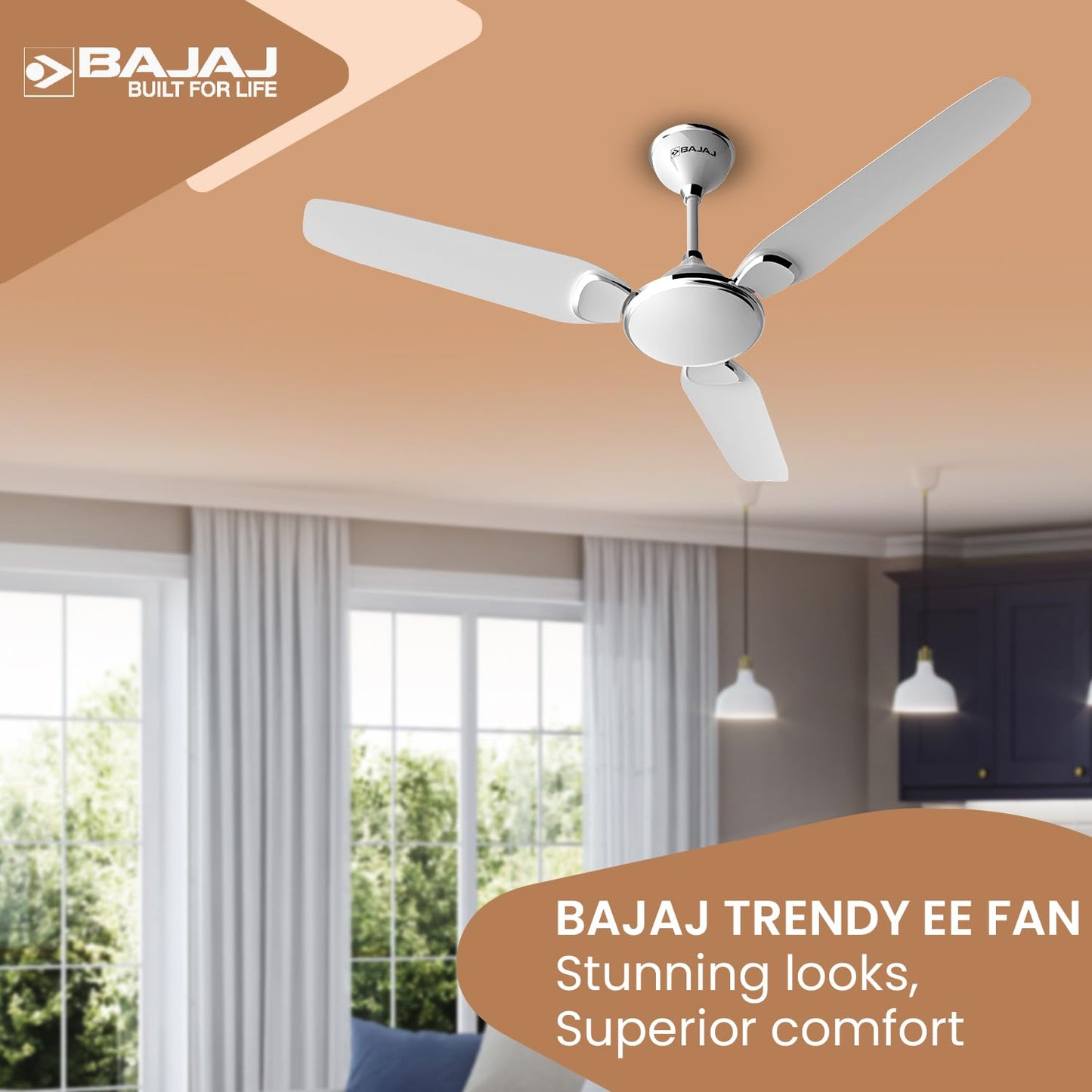 BAJAJ Trendy EE 1200 Mm Ceiling Fan | Energy Efficient With BEE 1-Star Rated | 2 Years Warranty【Snowy White 】