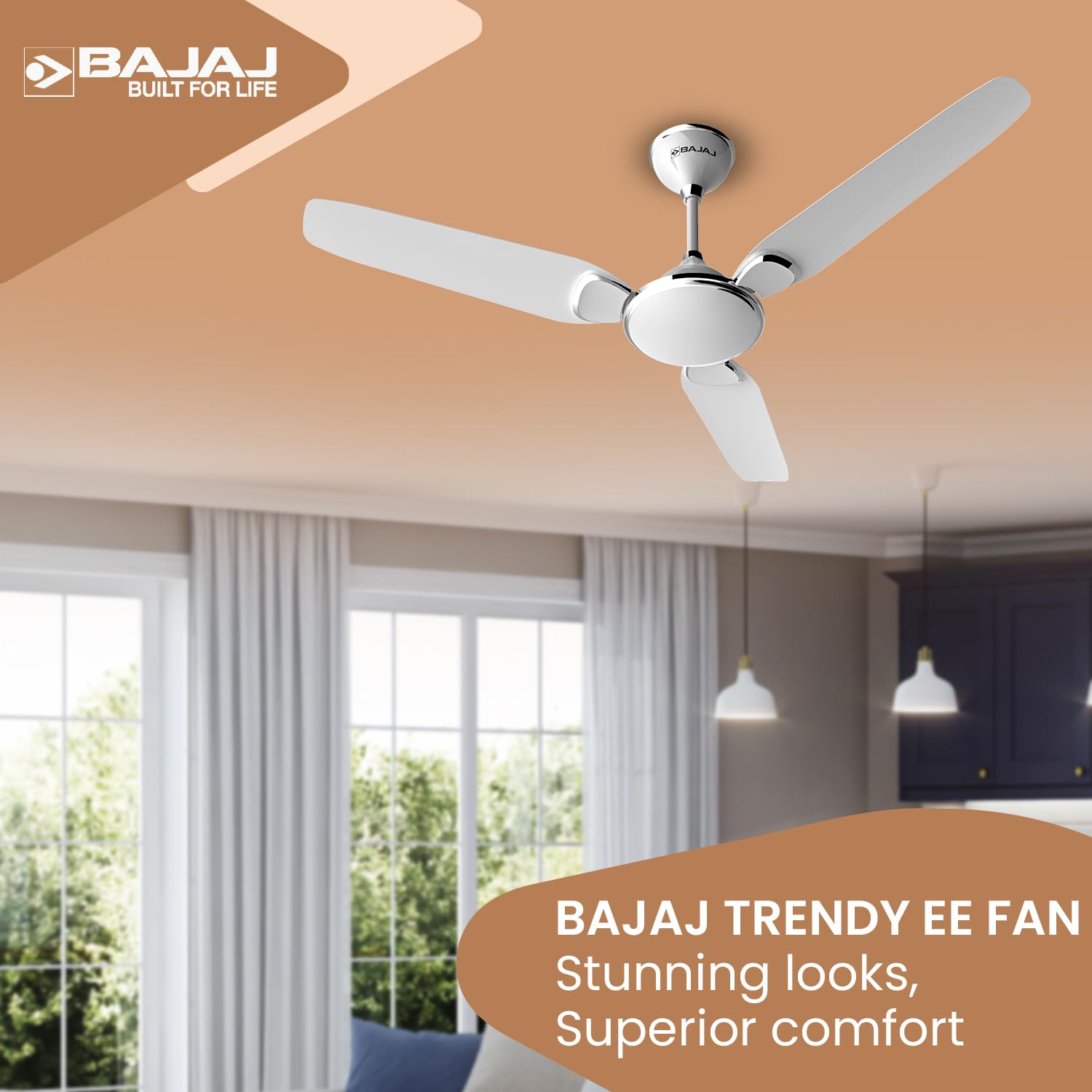 BAJAJ Trendy EE 1200 Mm Ceiling Fan | Energy Efficient With BEE 1-Star Rated | 2 Years Warranty【Snowy White 】