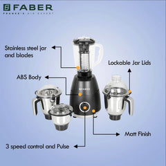 Faber Crown 800W Blender Mixer Grinder, 3 SS Clip Lock Jars + 1 PC jar || Low-Noise Copper Motor, up to 20000 RPM Speed 