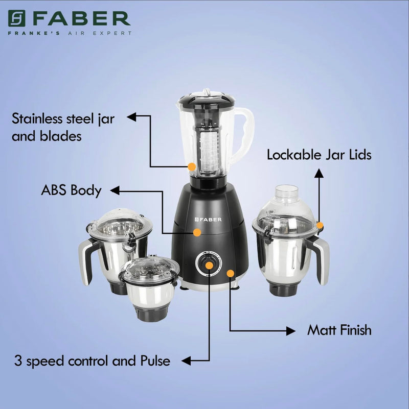 Faber Crown 800W Blender Mixer Grinder, 3 SS Clip Lock Jars + 1 PC jar || Low-Noise Copper Motor, up to 20000 RPM Speed 