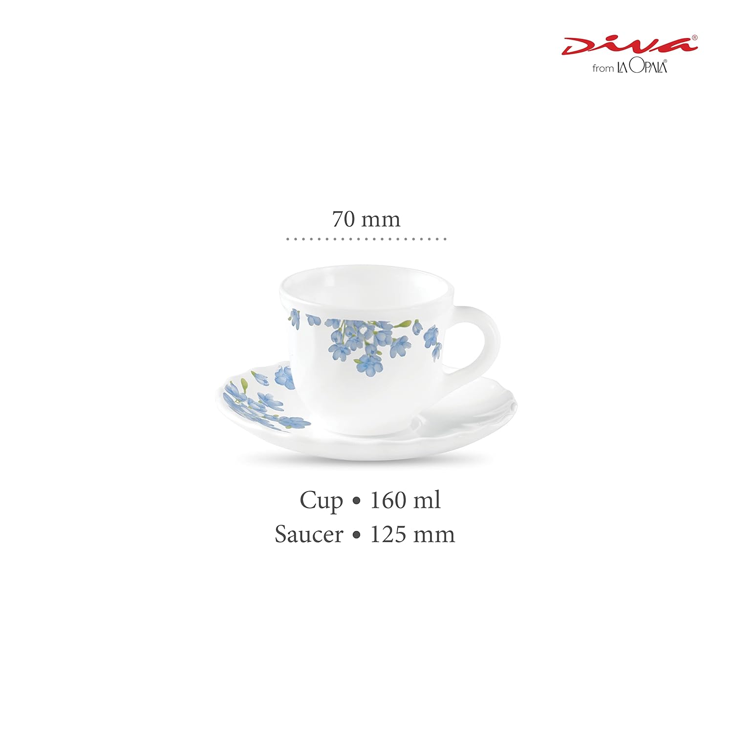 La Opala Diva, Opal Glass Crockery | Cup & Saucer Tulip Regular, Set of 12 | Aster Blue, 160 ml | for Tea & Coffee | Microwave Safe | 100% Vegetarian | Extra Strong | Super Light | Super White